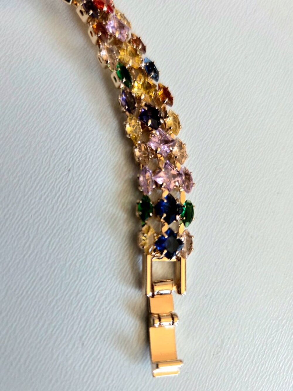 Gold tone tennis link bracelet with multicolored gems rhinestones crystals - Picture 5 of 6